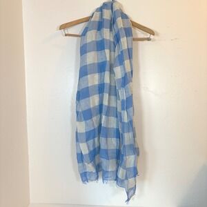 New Talbots Scarf Blue White Gingham Buffalo Check Linen/Cotton Blend